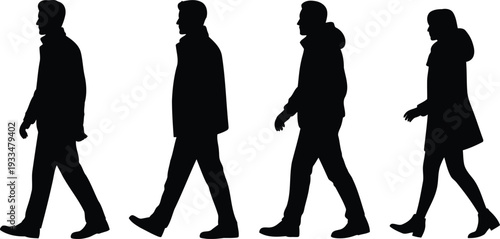 Silhouettes of people walking in profile on a transparent background