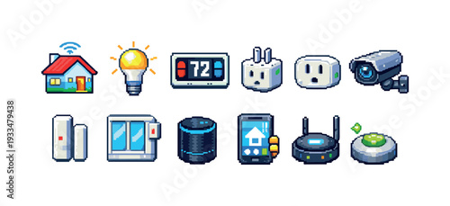 Smart home pixel art icon set. technology, appliances, security, energy icons