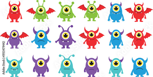 Large set of colorful cute monster characters with different emotions and wings isolated on white background for children party or game design.