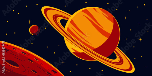 Massive ringed planet in dark universe with bright stars. Minimal flat vector background for astronomy design, galaxy wallpaper and sci fi themed creative projects.