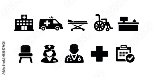 Medical and healthcare solid icon set. hospital, doctor, nurse symbols collection