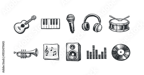 Music and instrument sketch icon set. guitar, piano, microphone icons outline collection.