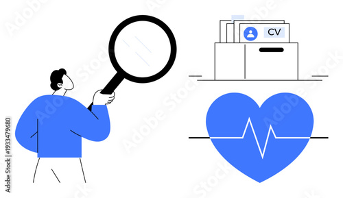 Recruitment concept. Recruitment process symbols thumbs up resume folders, magnifying glass, and heart rate graphics. Recruitment, human resource management, health services, job application, career