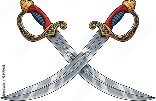 Pair of ornate crossed scimitars with curved steel blades, detailed golden hilts, and blue grips for historical, fantasy, or Middle Eastern themed designs.