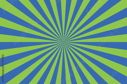 Bright green and blue stripes radiate from a central point creating an eye catching burst design