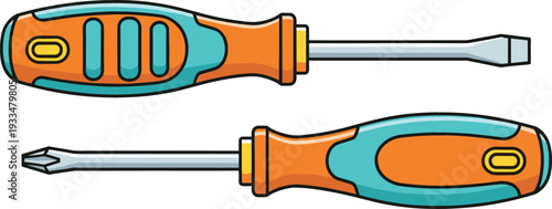 Professional flat head and phillips head screwdriver vector illustration set with ergonomic orange and teal handles for construction, repair, and hardware maintenance designs.