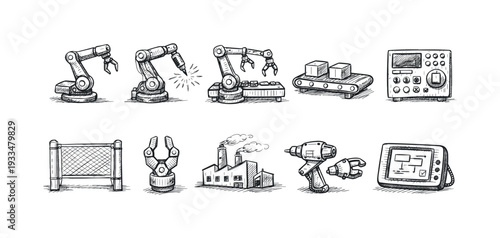 Industrial machinery sketch icon set. engineering, factory tools outlined collection.