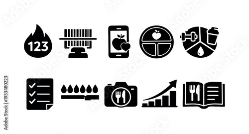 Nutrition and fitness solid icon set. health, wellness, diet, exercise symbols collection