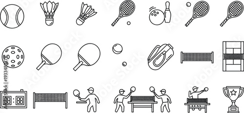 Tennis and table tennis outline icons set with rackets, shuttlecock, net, scoreboard and trophy vector illustration collection