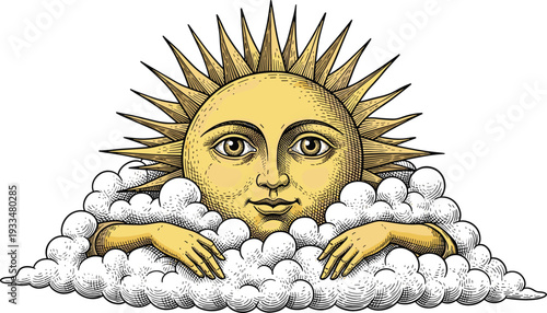 Vintage style celestial sun with face vector illustration featuring intricate engraving details emerging from fluffy white clouds for mystical or nature designs.