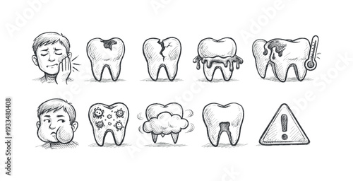 Dental health icon set. line art style teeth, toothache, and hygiene icons