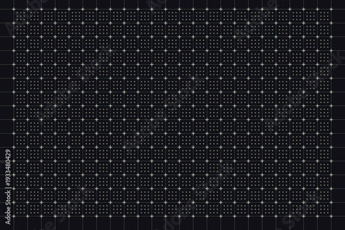 Pale yellow luminous crosses and dots arranged in a precise grid on a dark blue violet digital interface