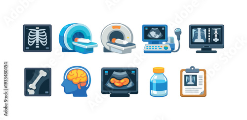Medical diagnostic equipment icon set. mri, x-ray, ct scan flat icon collection