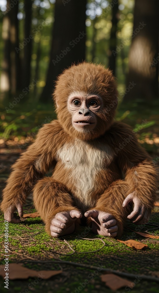 Obraz premium Small, furry primate creature sits attentively on mossy ground within a sunlit woodland environment