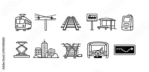 Transportation line icon set. railway, subway, bus, transportation linear icons collection