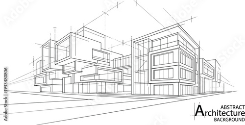 Abstract black and white vector architecture sketch of a conceptual tiered modern building with technical wireframe lines