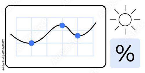 Business analytics, financial growth, performance metrics, weather data, environmental statistics, data trends. Line graph with data points, sun icon and percentage symbol. Business analytics