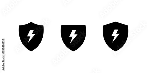 Shield lightning bolt icon set. Energy protection symbol