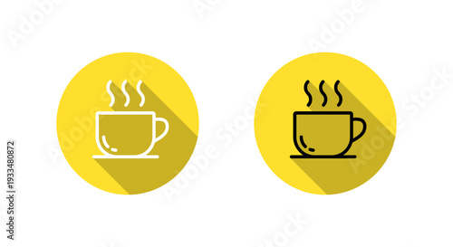 Hot coffee cup outline icon with long shadow. Warm beverage symbol. Cafe drink logo