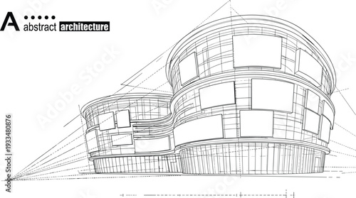 Abstract black and white vector architecture sketch of interlocking curved modern commercial buildings with multiple display panels