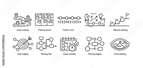 Project management outline icon set: roadmap, flowchart, schedule, goals