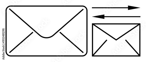 Email exchange, communication, correspondence, delivery services, postal messages, data transfer. Black envelope icon with directional arrows. Email exchange and communication concept