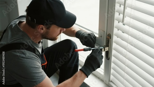 A technician in work attire uses a screwdriver to repair a window lock mechanism indoors.