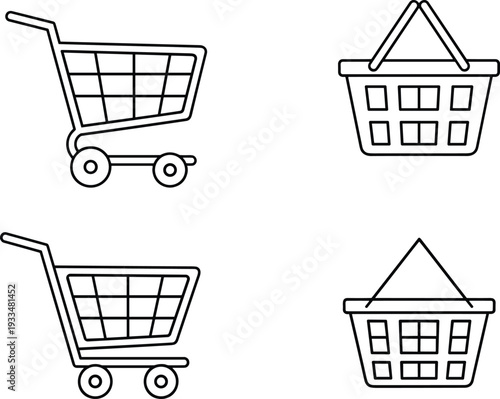 Shopping cart and basket outline icons set, ecommerce retail store symbols, online shopping vector illustration collection