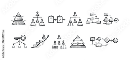 Business and workflow sketch icon set. hand-drawn style for effective planning.