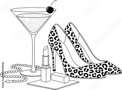 Hand-drawn black vector glamour set with leopard print high heels, martini cocktail, lipstick, and pearl necklace illustration