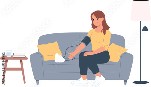 Woman measuring blood pressure at home, healthcare monitoring concept with digital device, hypertension control and healthy lifestyle vector illustration