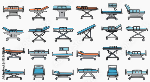 An assortment of medical beds, designed with varying features for diverse hospital needs. Each bed is crafted with distinct functions