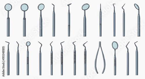 A detailed view of many dental tools used by a dentist, arranged for easy display and identification. They include different tools for checking and examining teeth