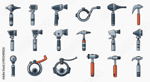 Assortment of medical instruments, illustrating various types of otoscopes and reflex hammers used for medical examinations 