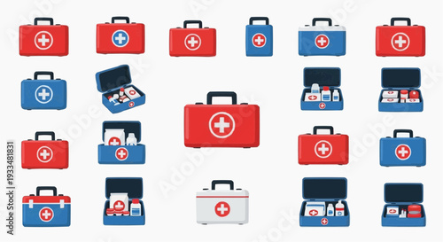 A collection of diverse first aid kits, showcasing various designs and styles. Each kit includes a first aid cross and contains essential medical supplies