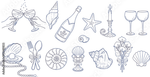 Hand-drawn blue-line vector illustration set featuring sea shells, champagne, pearls, and elegant nautical-themed celebration table decor