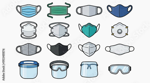 Diverse selection of protective masks and face shields, perfect for health and safety awareness. Features an assortment of designs suitable for various scenarios