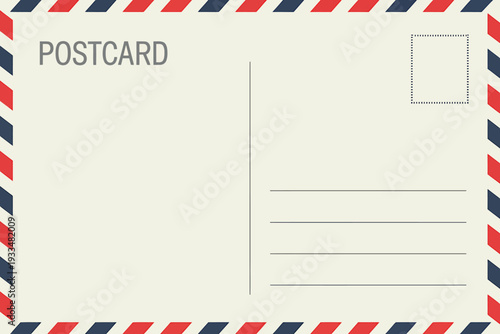 Blank postcard with red blue and white border and space for writing address