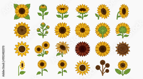A collection of various sunflower illustrations arranged in a grid, showcasing their different stages of growth and varied styles