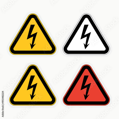 Electric shock warning signs with lightning bolts in different colors isolated on white background