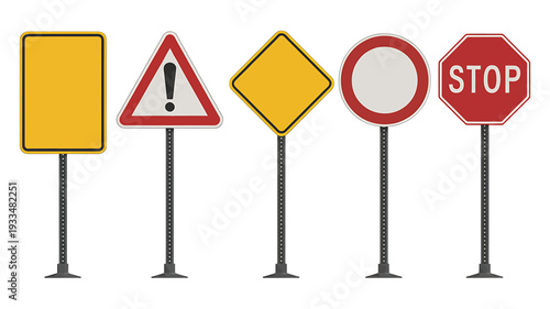 Collection of road signs on metal poles  traffic and warning signs