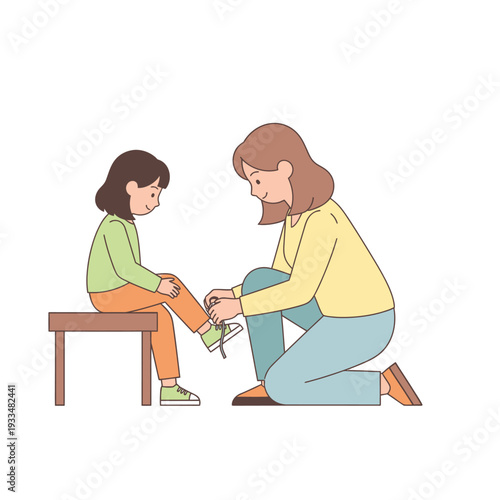 Mother Assisting Young Daughter with Shoe.