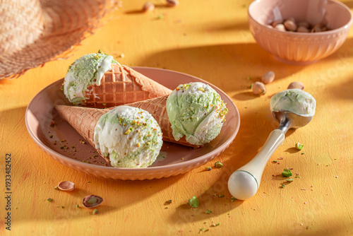 Homemade and tasty pistachio ice cream made of green nuts.