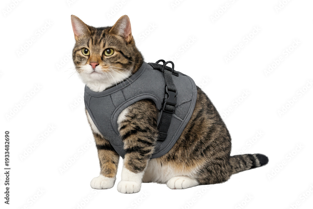 Fototapeta premium Tabby cat wearing grey harness looking at camera