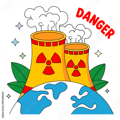 Nuclear power plant cooling towers with radiation symbols on earth  danger concept