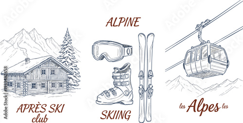Hand-drawn navy blue vector illustration triptych of an alpine ski cabin, skiing gear, and mountain gondola lift