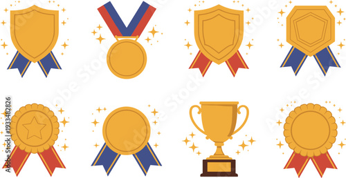 Golden award badges and trophy cup collection, winner medal ribbons, achievement shield icons, championship prize symbols vector illustration set isolated