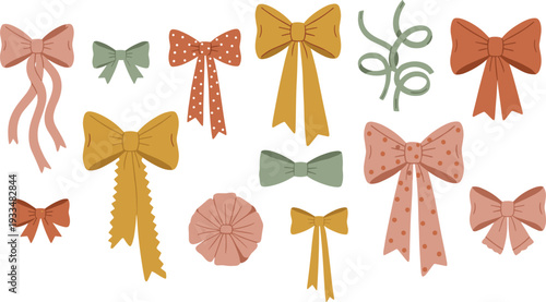 Hand-drawn textured vector illustration set of colorful bows and ribbons in terracotta, mustard, and sage green tones