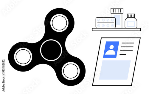 Relaxation tools concept. Relaxation objects thumbs up a fidget spinner paired with identity documents and medicines. Relaxation explored for stress relief, identity validation, and healthcare