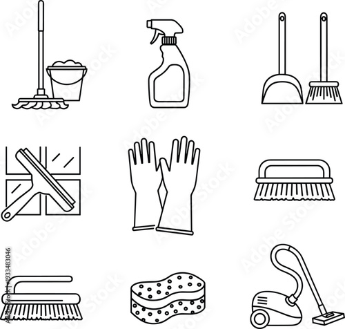 Cleaning service outline icons set with mop, spray bottle, gloves, vacuum cleaner and window tools vector illustration